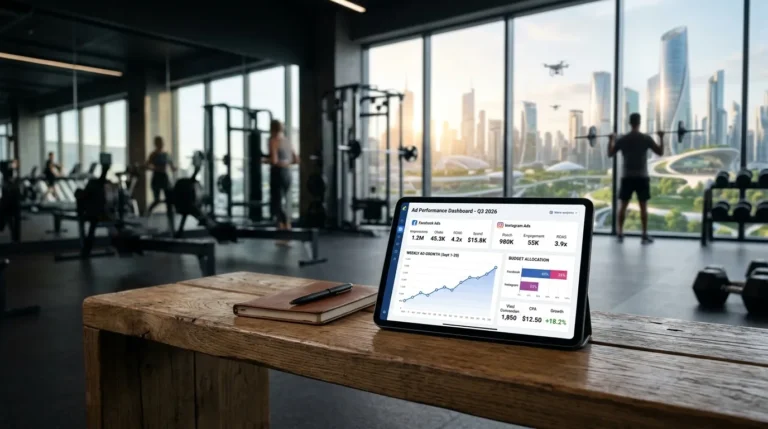 Tablet displaying ad analytics inside a gym